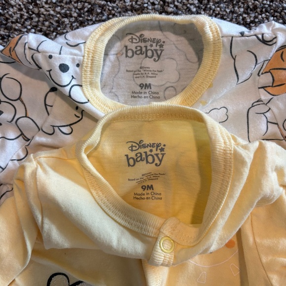 6-9mo Disney Baby Winnie the Pooh One-Piece Footies Sleepers Set Lot of 2 Yellow - Picture 2 of 8